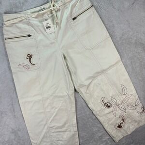 J.Jill Women's Size 12 Embroidered‎ Crop Pants Beige Cotton Zipper Pockets Boho